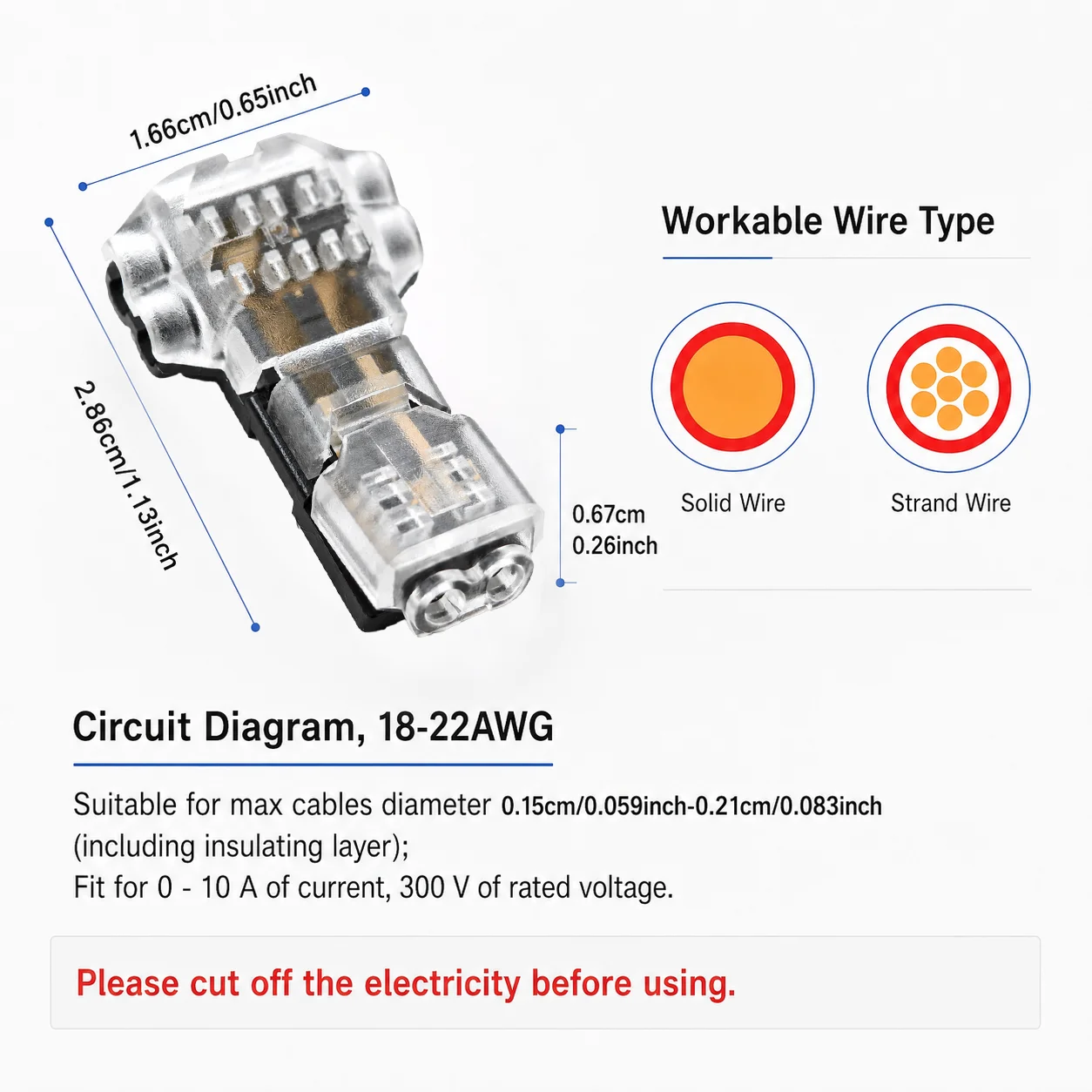 10PCS 2 Pin T Tap Wire Connectors 18-22AWG No Strip Quick Splice Low Voltage Terminal for Car Motorcycle LED Lights Home Wiring view 3