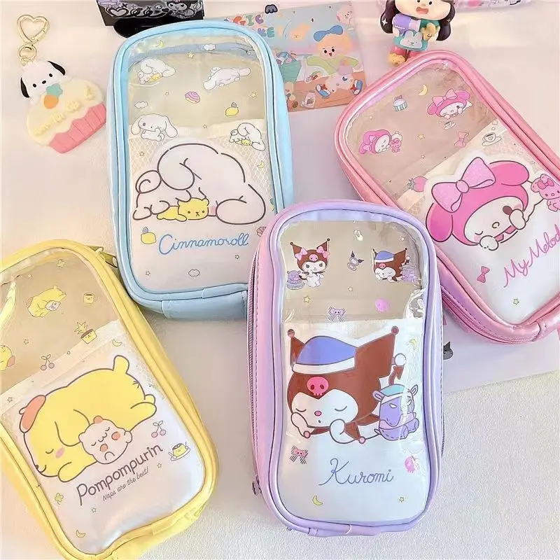 

Sanrio Cute Kuromi Cinnamon Roll Double-Layer Waterproof PVC Pencil Bag Stationery Cosmetics Storage Bag Transparent Pencil Bag