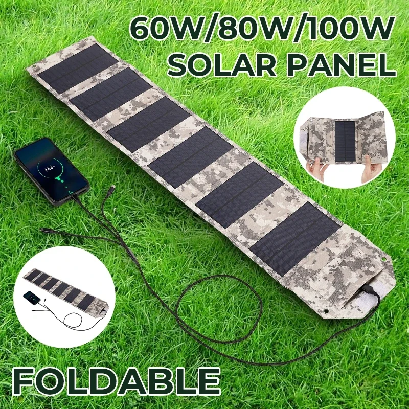 100W 80W 60W faltbares Solarpanel USB 5V Solarladegerät Tragbare Solarzelle Outdoor-Telefon-Powerbank für Camping Wandern + Kabel