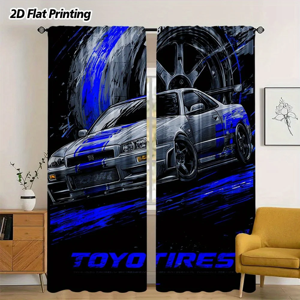 Black Blue Sport Car Curtain Drapes Automotive Racing Style Window Panel Modern Decor TOYO Tires Graphic Blackout Curtain