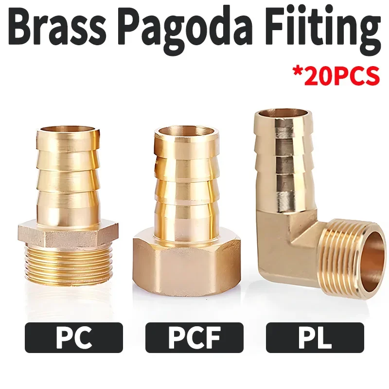 

20Pcs Brass Water Pipe Fittings - Pagoda Connectors, Hose Barb 6mm 8mm 10mm 12mm 14mm 16mm, BSP Thread 1/8'' 1/4'' 3/8'' 1/2''