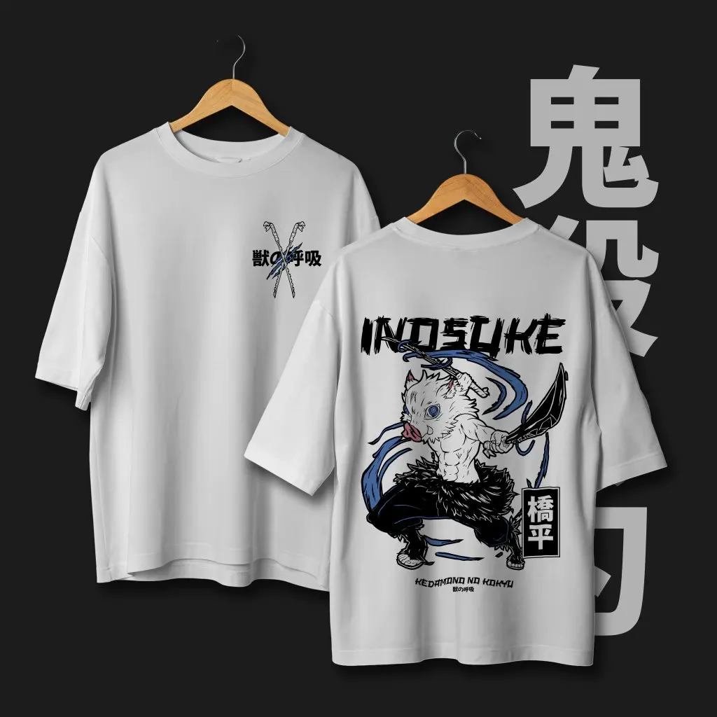 Camiseta de Anime Demon Slayer Kimetsu No Yaiba Inosuke para hombre y mujer, pantalón corto informal de algodón, camiseta de manga, ropa de calle de verano, Top con estampado gráfico