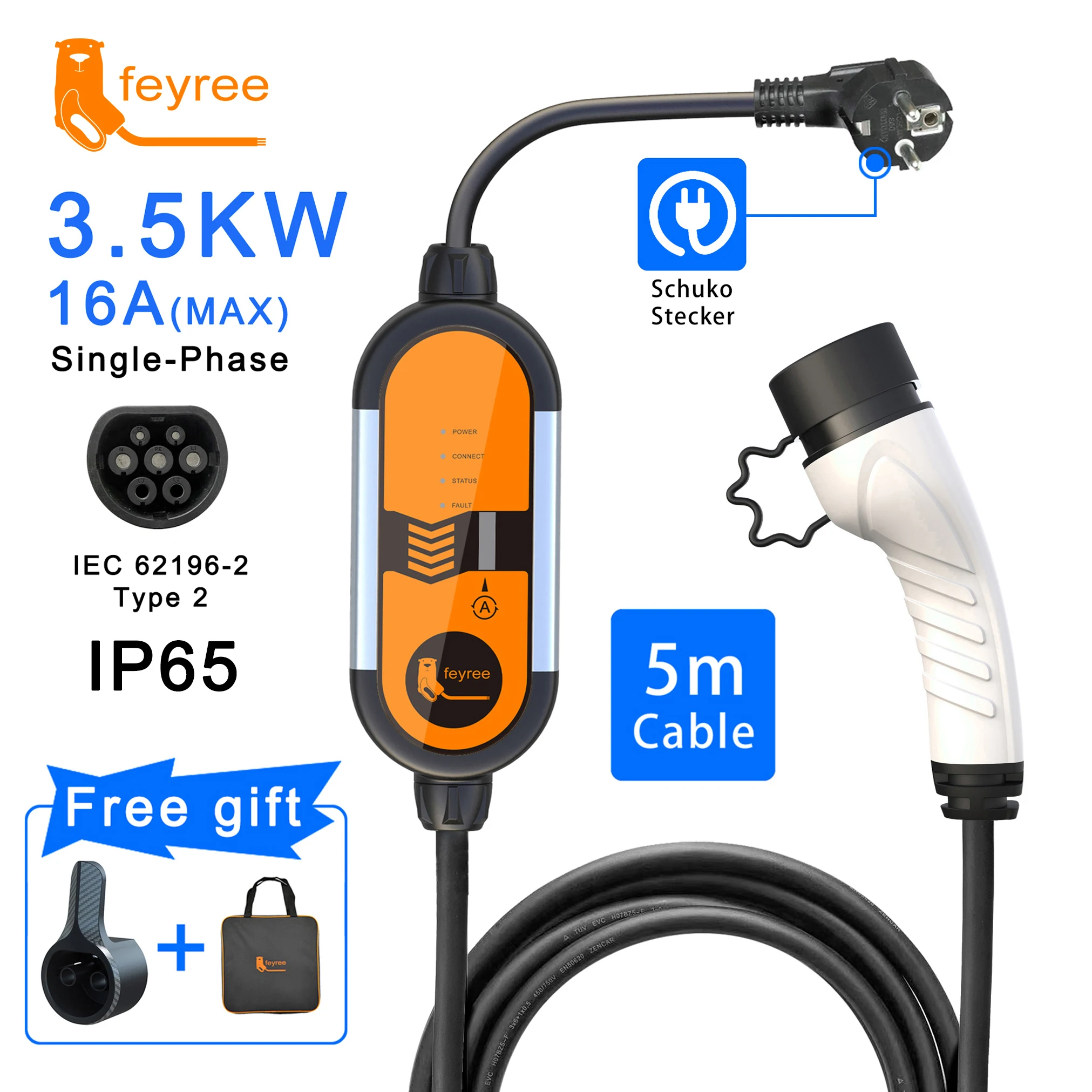 EV Portable Charger Type1 j1772 Type2 Cable 5m EVSE Adjustable Current 16A 3.5KW Schuko Plug free Holder and Bag Electric Car