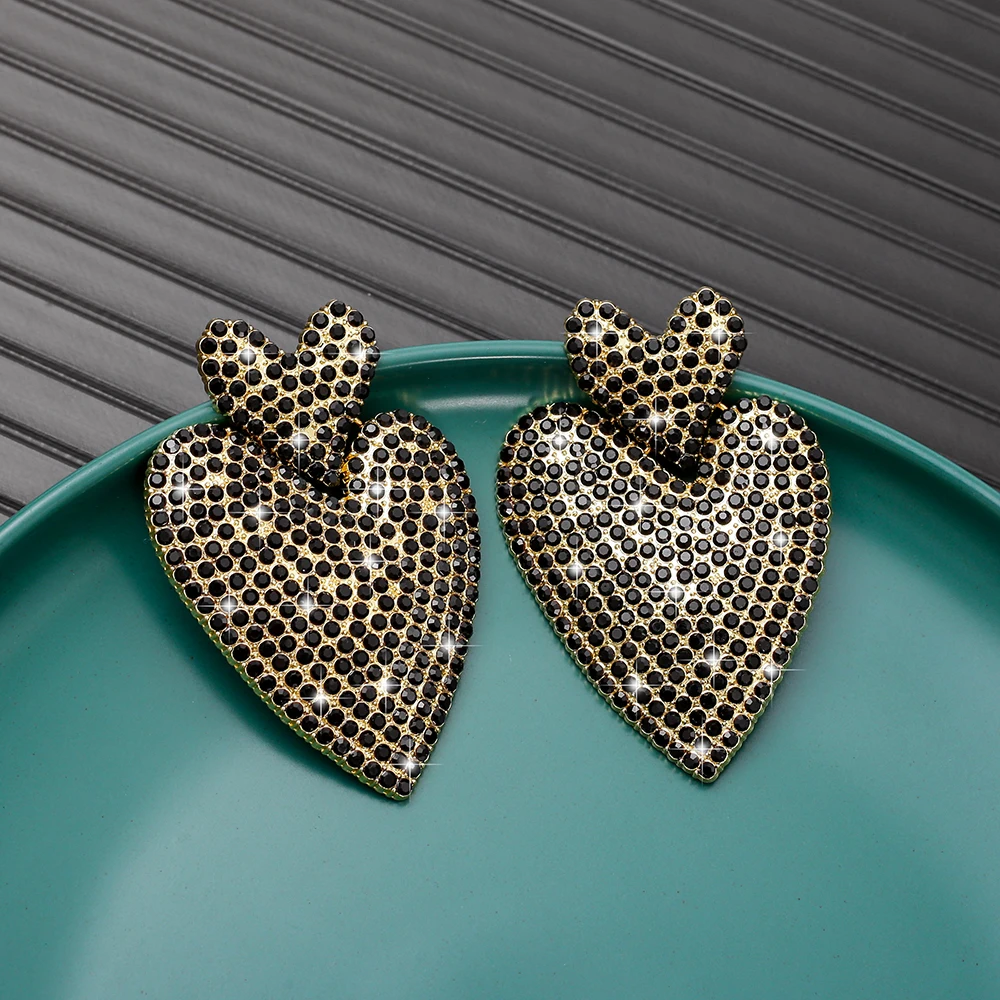 Metal Inlaid Rhinestone Large Dangle Drop Heart Earrings For Women Vintage Elegant Valentine Day Gift Ladies Stud Jewelry