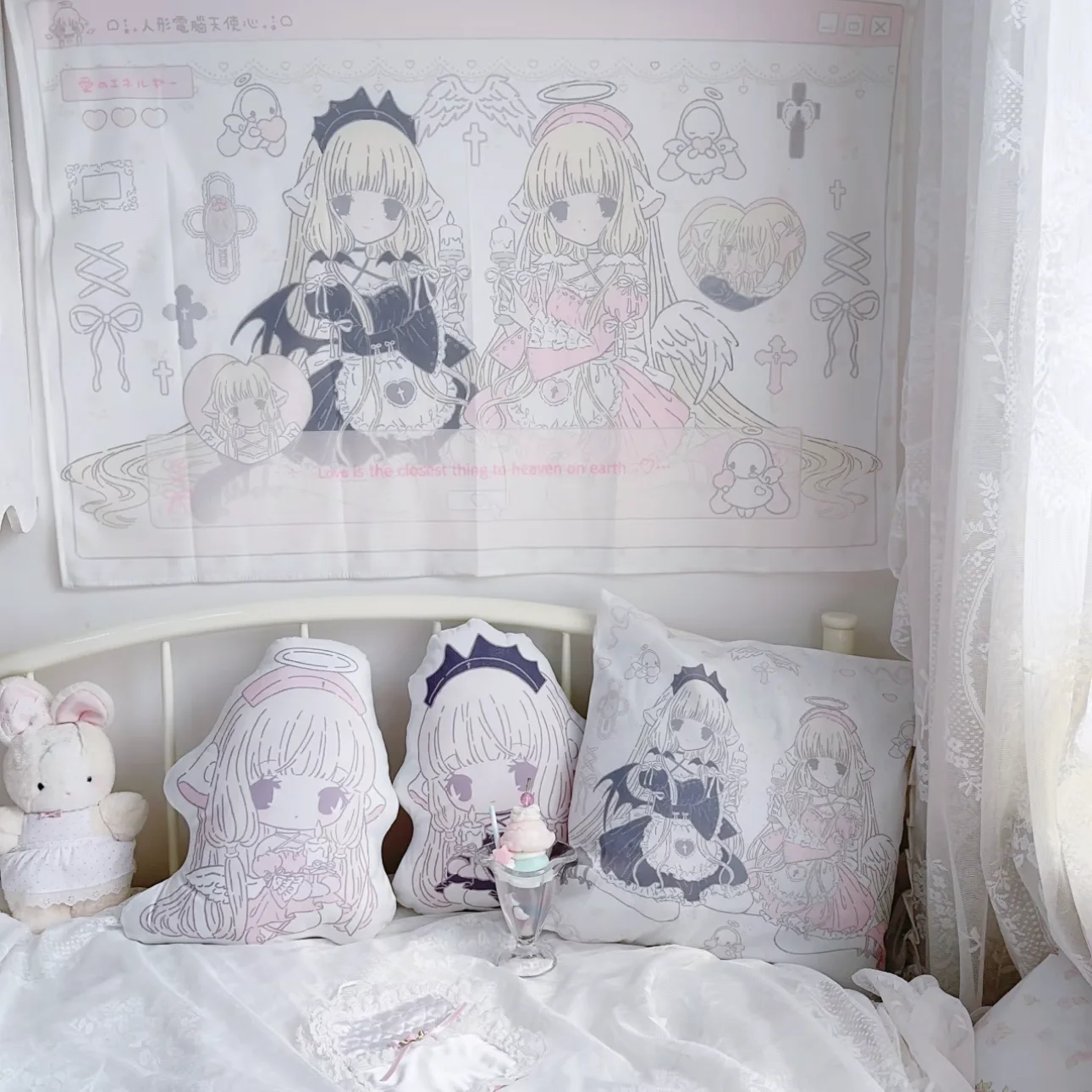 Kawaii Chobits Home Decor Wandteppich – Anime Pink Girl Wandbehang, süße modische Damen-Wandteppiche für Schlafzimmerhintergrund