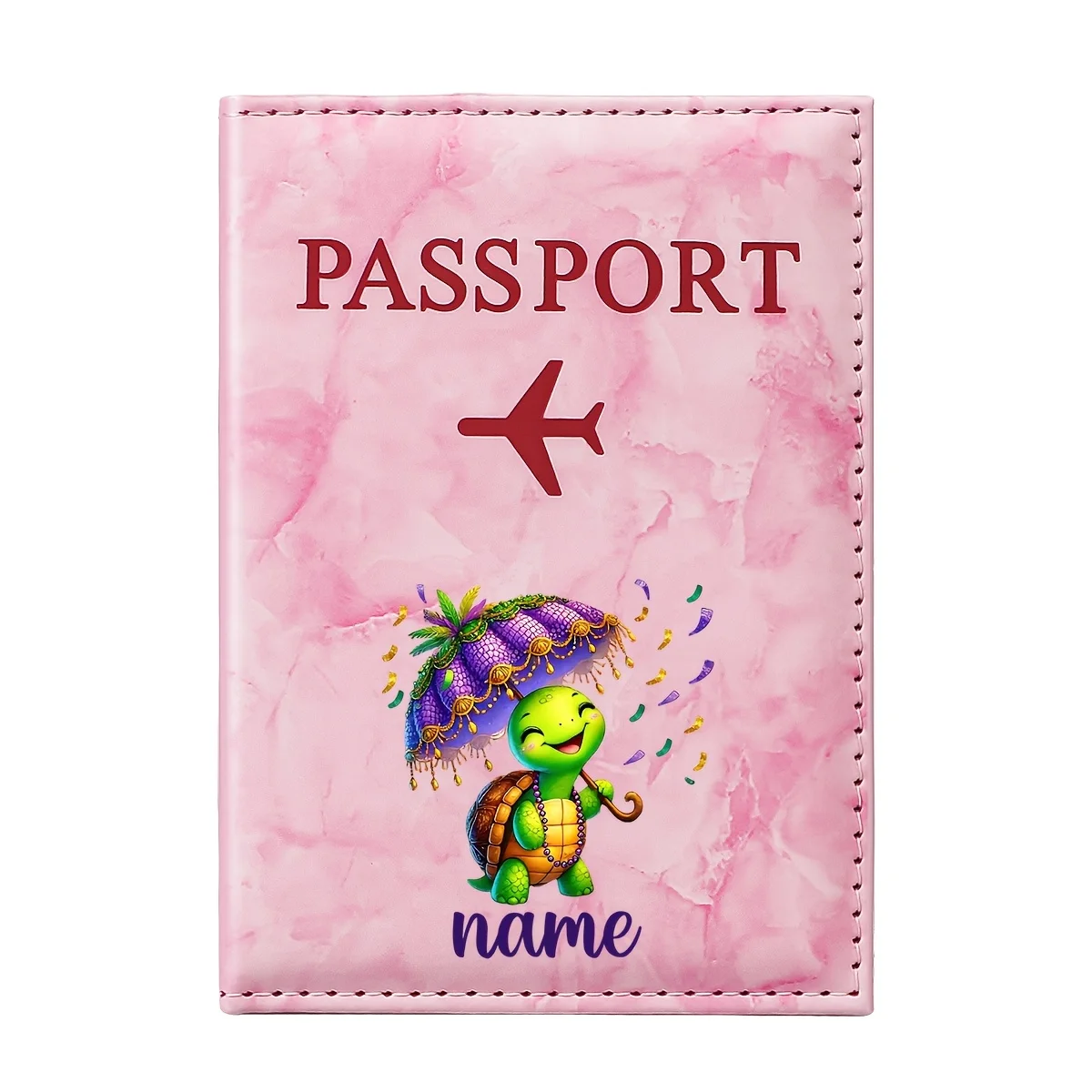 a Personalized Name Custom Playful Turtle Umbrella Illustration Design PU Passport Holder, Featuring a Green Turtle