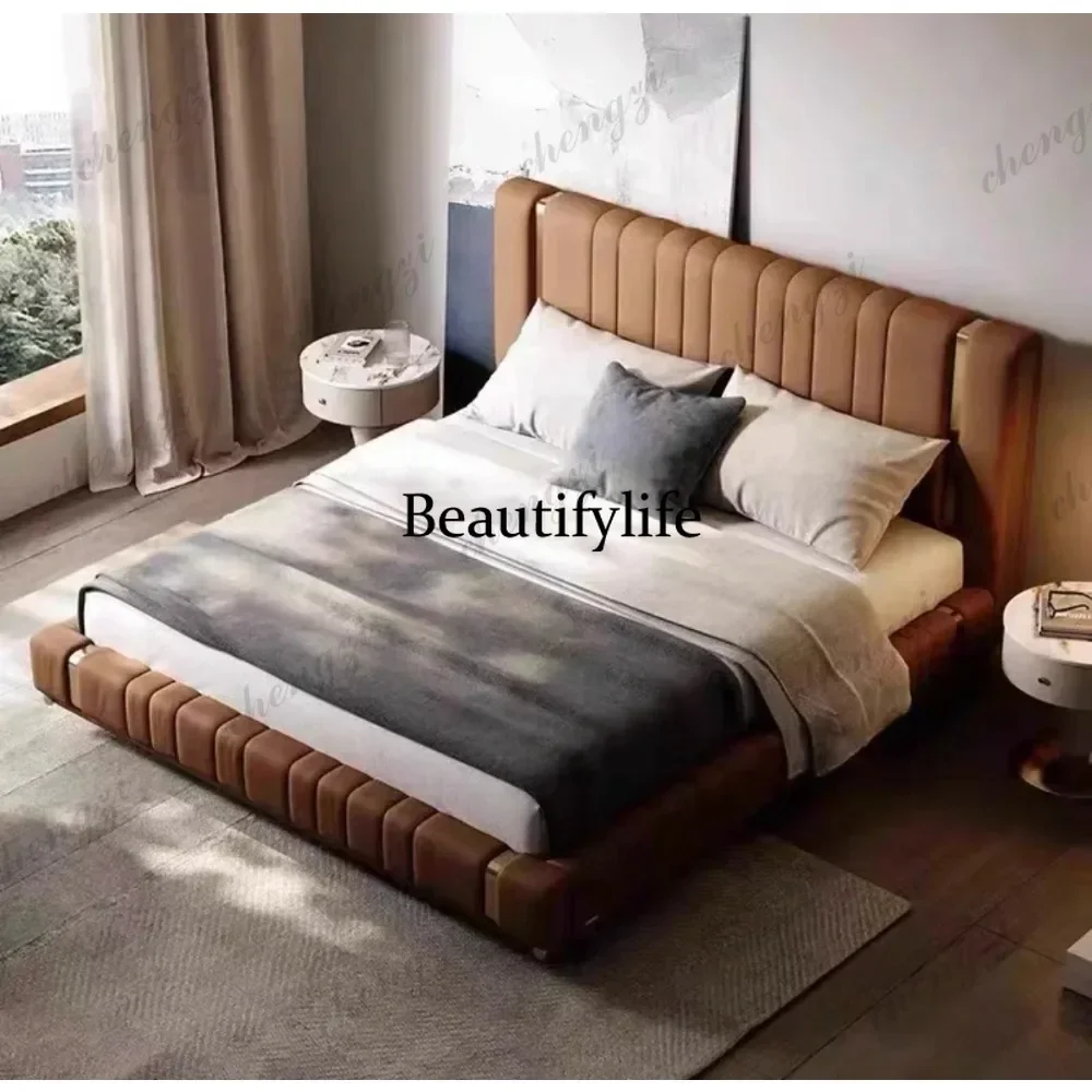 M9344 leather bed modern simple large flat bed master bedroom designer high backrest soft package stainless steel double bed