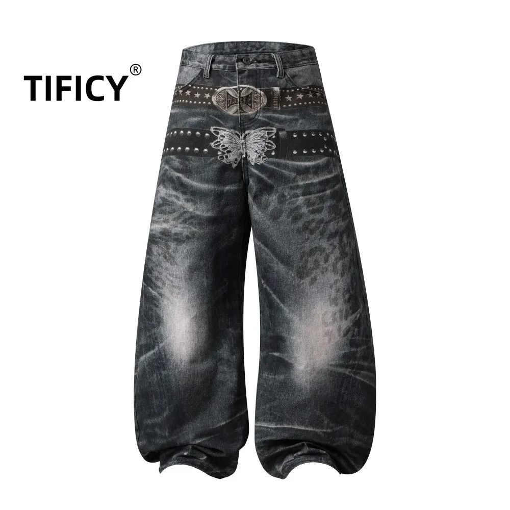 High Street Retro Butterfly Printed Wide Leg Jeans Pant Men's Heavy-duty Washed and Worn 3D Printed Loose Curved Knife Pants
