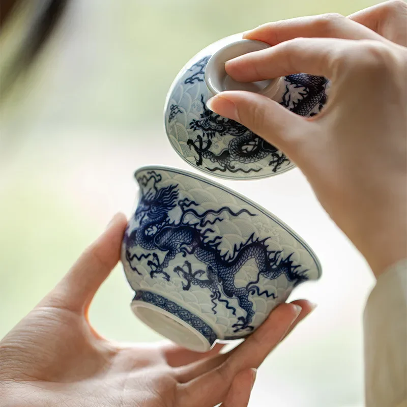 Retro Antique Blue and White Underglaze Color Dragon Gaiwan Chinese Kungfu Tea Making Bowl Tea House Household Bowl