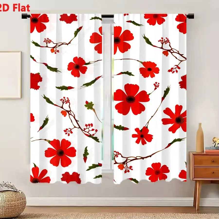 2Pcs Curtains 2D Flat Red Flowers Green Leaves Seamless Pattern On White Background With Varying Sizes Fully Opened Petals Buds
