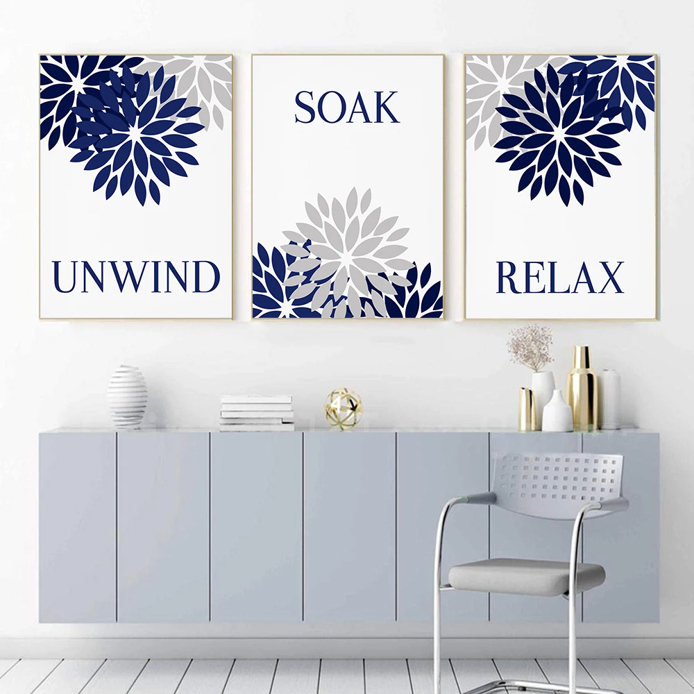 Set of 3 Blue Grey Poster, Minimalist Wall Art, Canvas Painting Print, Unwind Relax Soak Quotes Picture, Bathroom Decor Cuadros