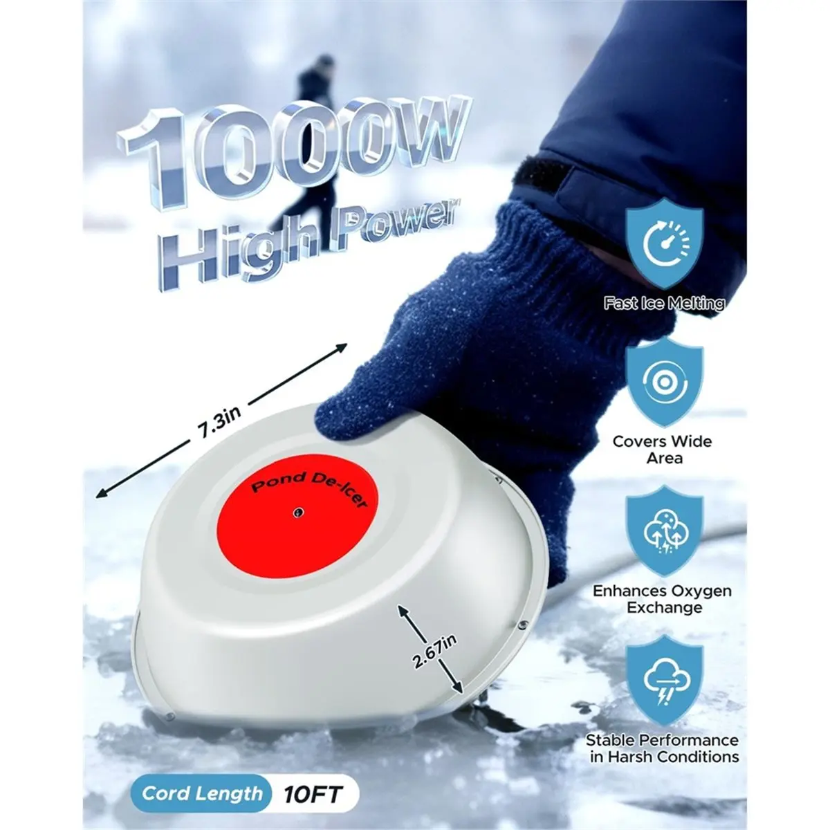 A981P ~1000W Pond Heaters with Auto On/OFF, Floating Pond Deicer with Thermostat-Controlled and LED Indicator US Plug