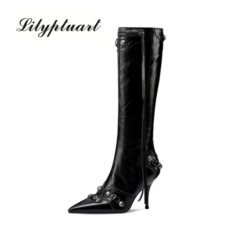 

2022 New Genuine Leather Women's Boots Pointed Riveted High Heel Boots Paris Fashion Cowhide Knee Party Boots Shoes for Women