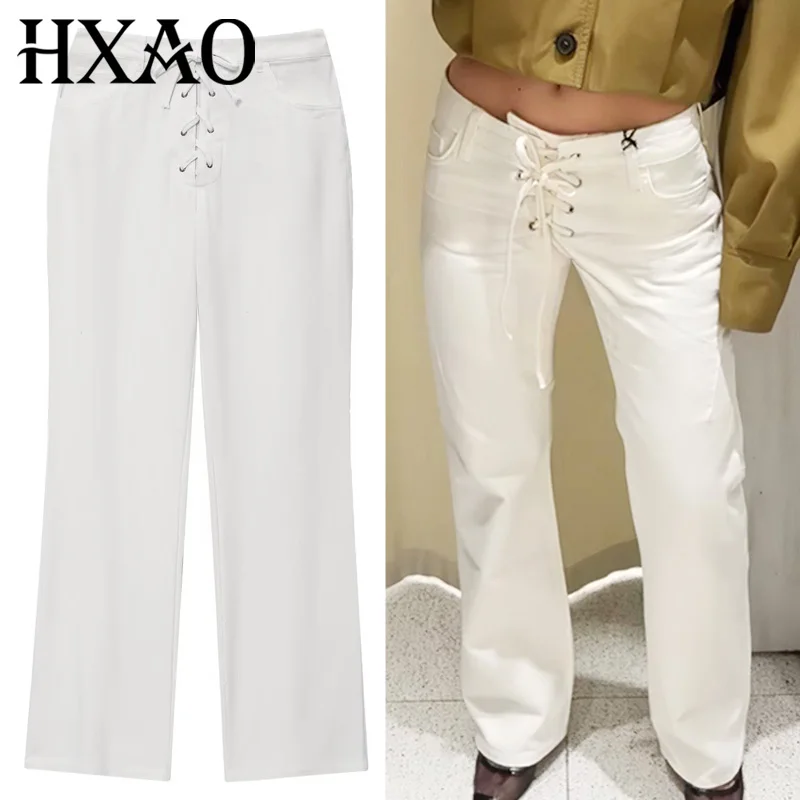 HXAO 2025 Women's Pants White Pant Jeans Women Bow Lace-Up Mid Waist Flared Pants Chic Elegant Denim Office Wear Women Trousers
