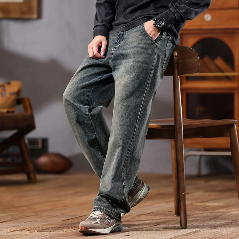 2024 New American High Quality Retro Jeans Men's Loose Trendy Brand Wide Leg Pants Baggy Jeans Cargo Pants