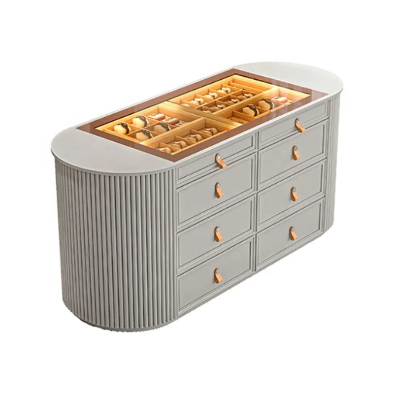 Walk-in Closet Chest of Drawer Glass Countertop and groove Side Solid Wood Panel Drawer With LED Light Island Cabinet view 6