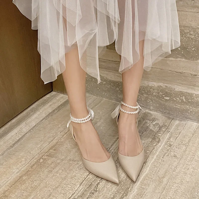 6cm Elegant Woman Heeled Shoes Sandals High Heels with Beaded Ankle Strap Wedding Party Women Shoes 40 41