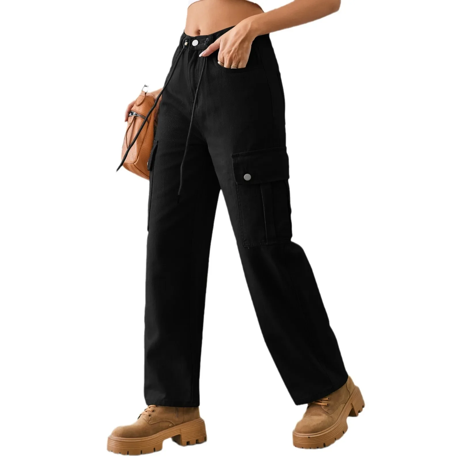 Women's Summer Fashion Denim Drawstring Adjustable Wash Cargo Pants Long Casual Pants 2024 Baggy Straight Cylindrical Jeans