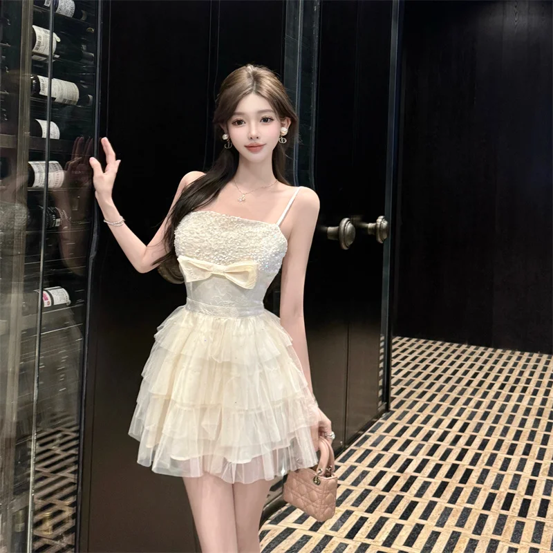 Sequin Spaghetti Band Balletcore Tule Jurk Vrouwen Taille-Defining Slanke Gezwollen Rok Feestavondjurk Elegante Prom Ballerina
