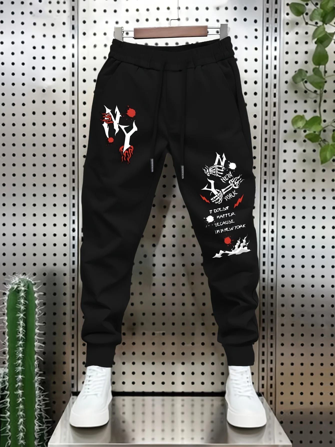 Men's Hip Hop Sports Jogger Pants NY Skeleton Graphic Casual Elastic Waist Cuffed Sweatpants Streetwear Loose Trousers