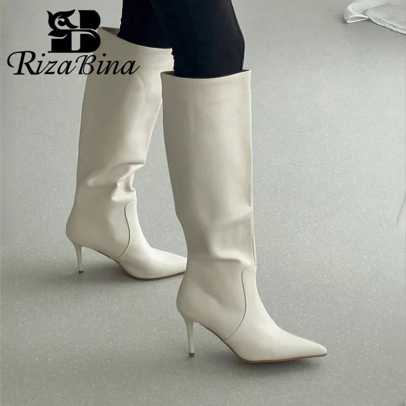 RIZABINA Knee High Boots For Women Sexy Pointed Toe Slip On Thin Heel Long Boots Fashion Winter Party Wide Calf Boots Size 34-43