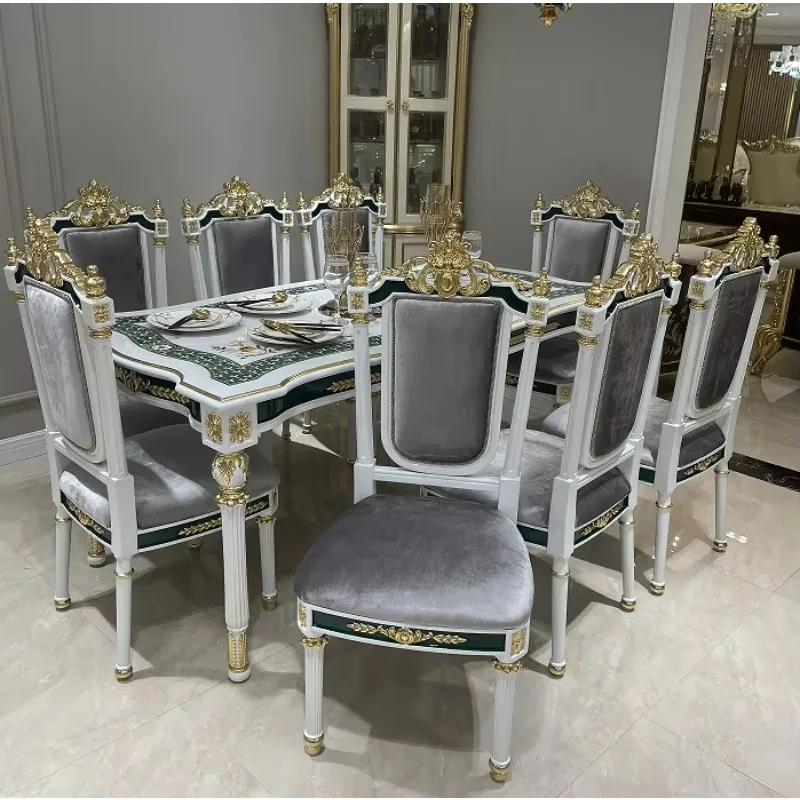 Deluxe Wooden Dining Table Furniture Set Classic Royal Antique Gold Hand Carved Dining Table with Chairs