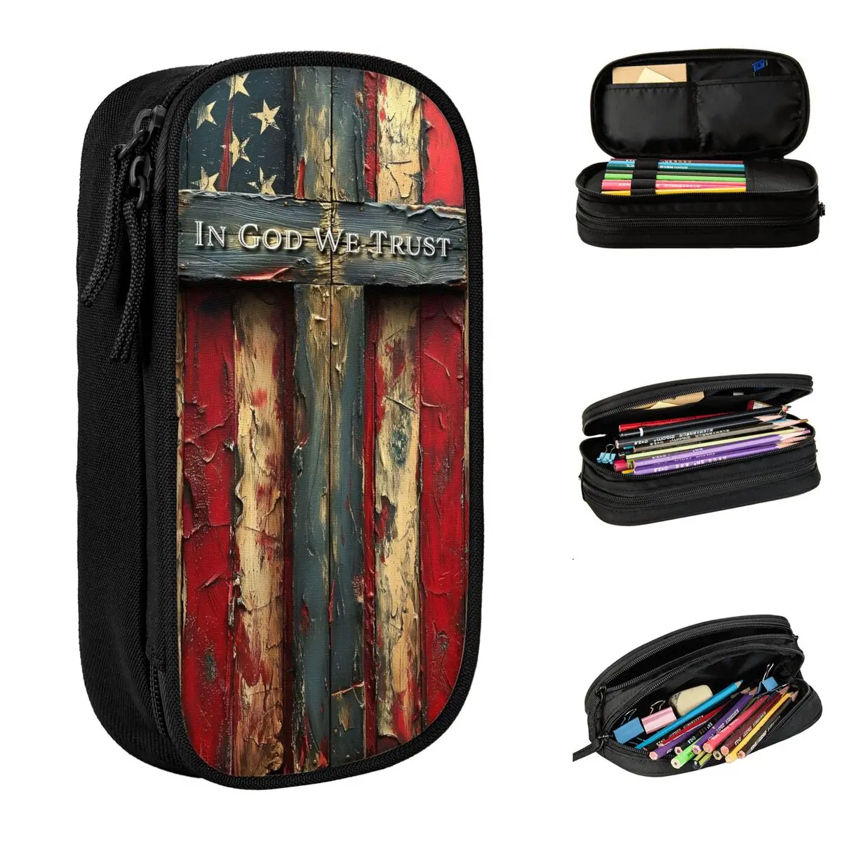 

Fun American Flag Cross Pencil Case Pencilcases Pen for Student Big Capacity Bag Students School Gifts Stationery