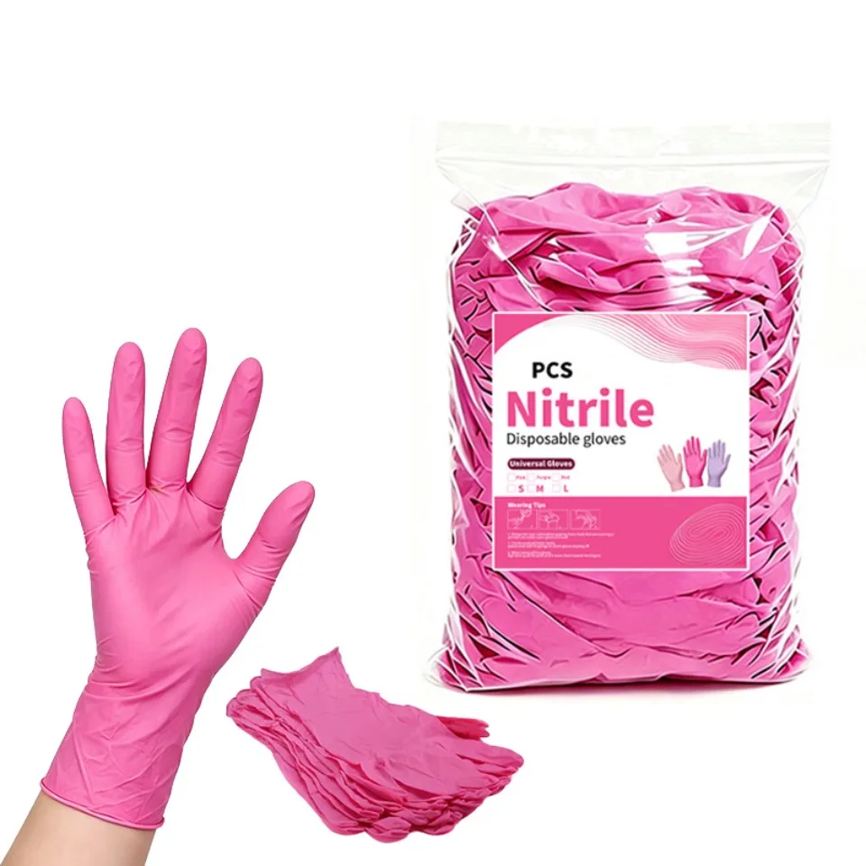 100PCS Deep Pink Nitrile Gloves Disposable Powder Free Gloves for Tattoo Studio Cleaning Nail Art Beauty Salon Hair Dye Supplies