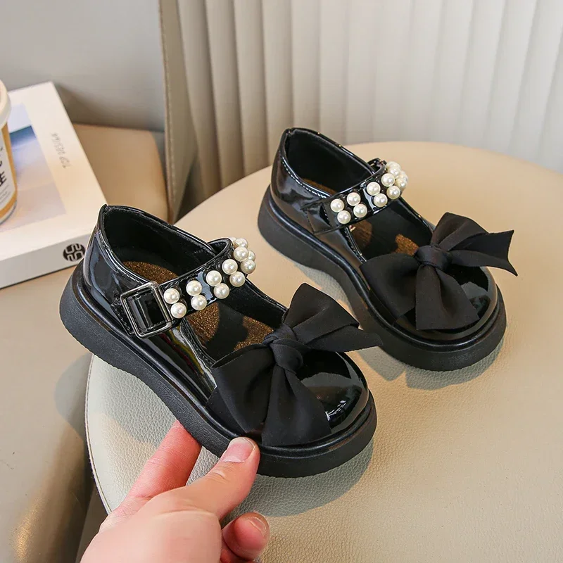 New Bow Girls Leather Shoes Pearls Bow Round-toe Glossy Kids Princess Leather Shoes Drop Shipping Non-slip Children Shoes