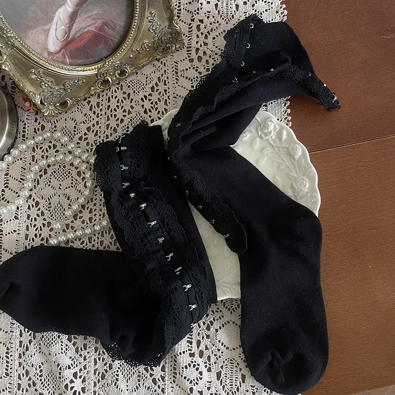 Gothic Dark Style Subculture Style Hollow Out Underwear Button Turn-Down Collar Mid-Calf Socks Lace Calf Stocking Women's Tights