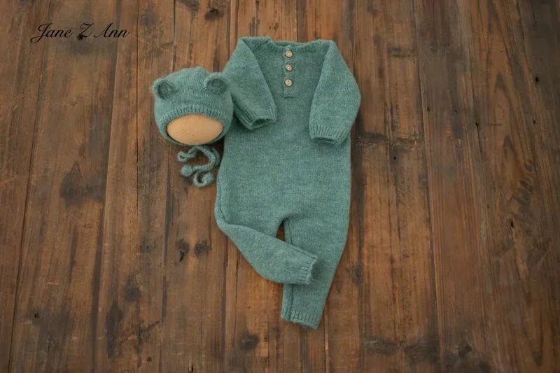 Baby boy girl sitter size teal color knitted bear bonnet+romper outfits infant photo props