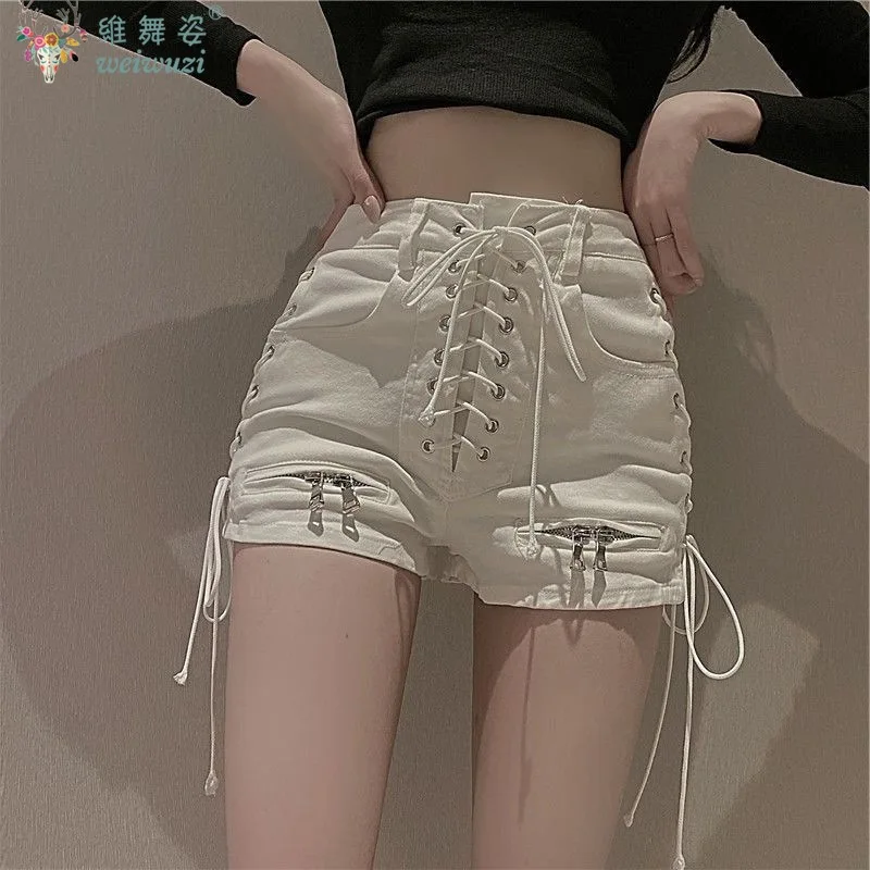 Pantalones cortos de mezclilla para mujer, pantalones cortos ajustados especiales sexis de verano con cordones, pantalones de cintura alta, moda coreana Chic, pantalones vaqueros sencillos que combinan con todo con cremallera para uso diario