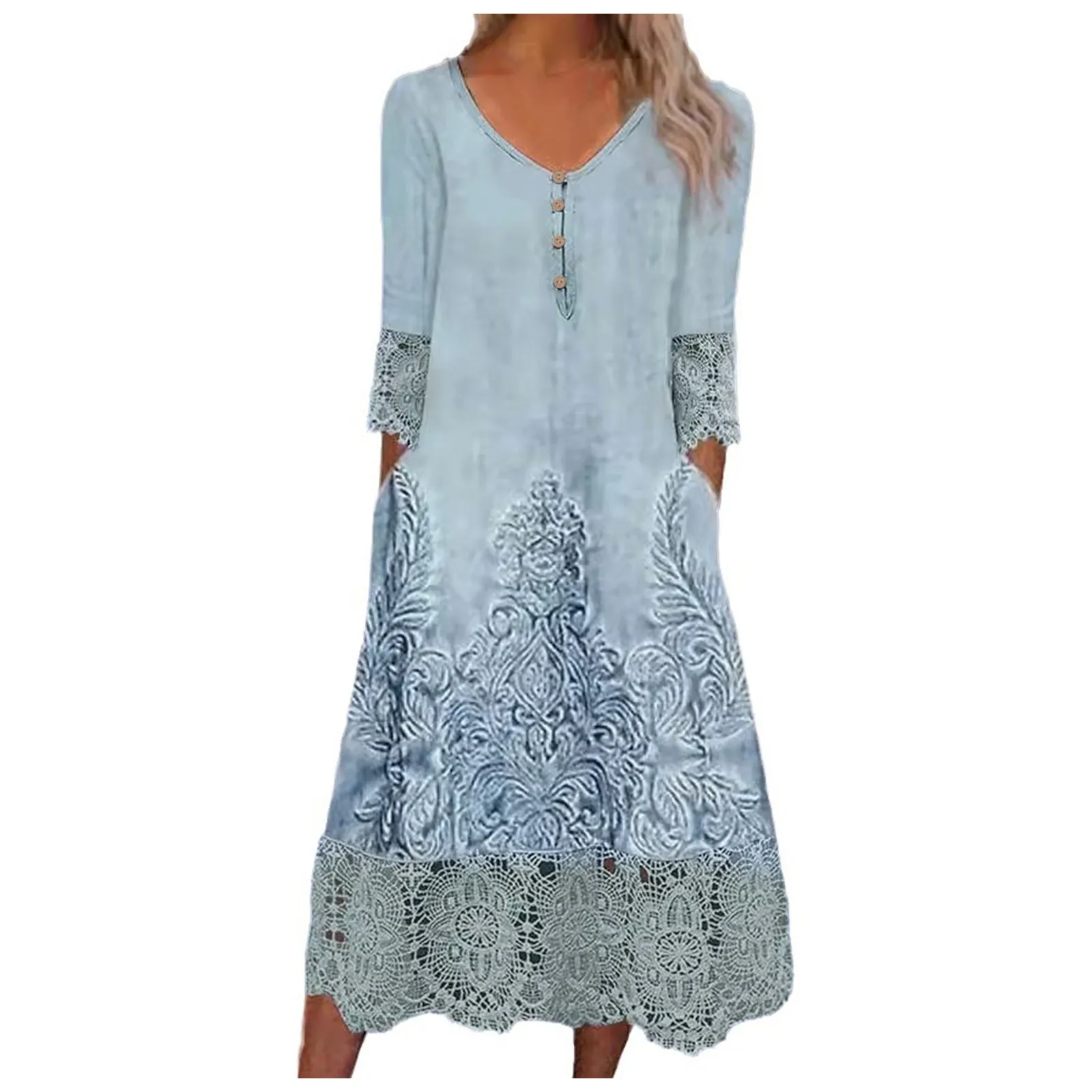 Women\'s Casual Embroidery Patchwork Long Dress Summer V-Neck Half Sleeve Solid Maxi Dress Pockets Lace Hollow Dresses Vocation