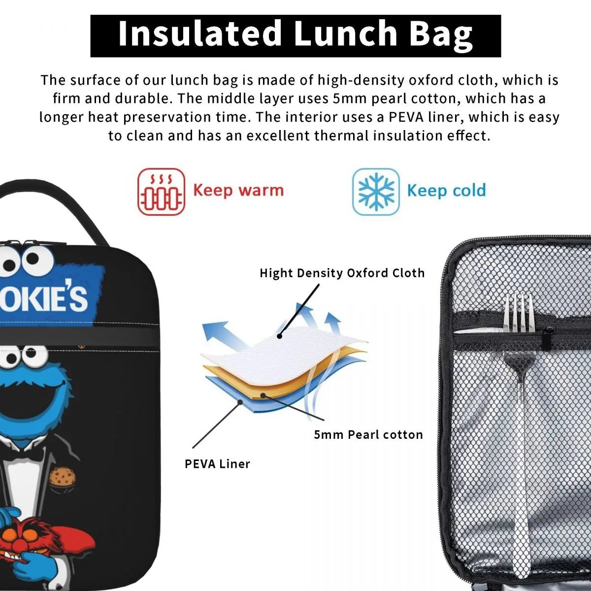 Sac à lunch isotherme portable toutes saisons, boîte à lunch isotherme, conteneur de pique-nique, accessoires Cookie Monster