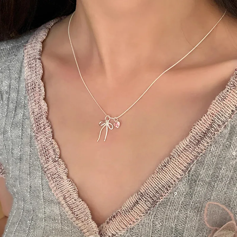 925 Sterling Silver Necklace Elegant Simple Bowtie Ribbon Pink Heart Pendant for Women Girl Jewelry Gift Dropshipping Wholesale