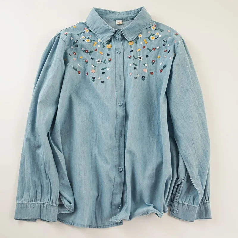 Women's Embroidery Jeans Jacket Washable Denim Long Sleeves Shirt Spring Autumn New Literary Cute Youthful Shirt Embroidery