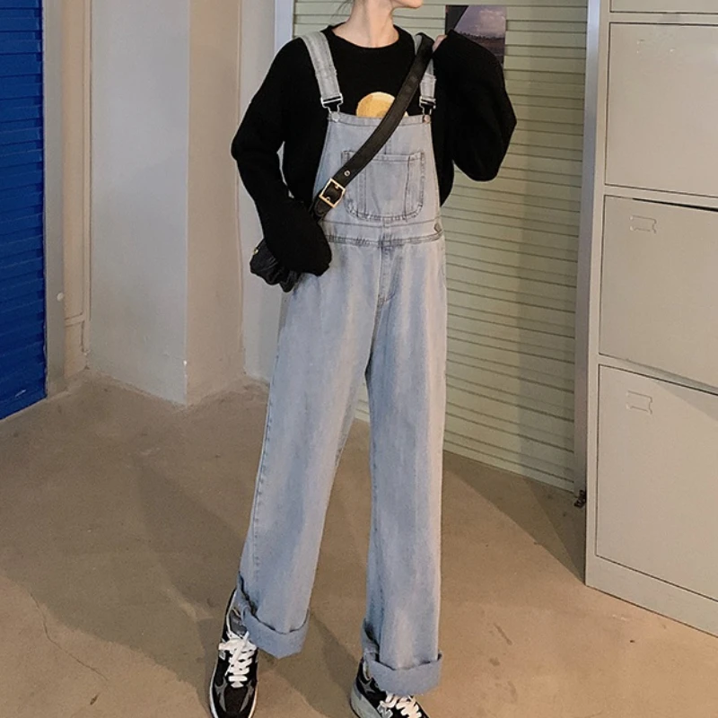 Spring Jumpsuits Women Design Wide Leg Loose BF Students All-match Denim High Street Solid Simple Autumn Leisure Trendy Bottom