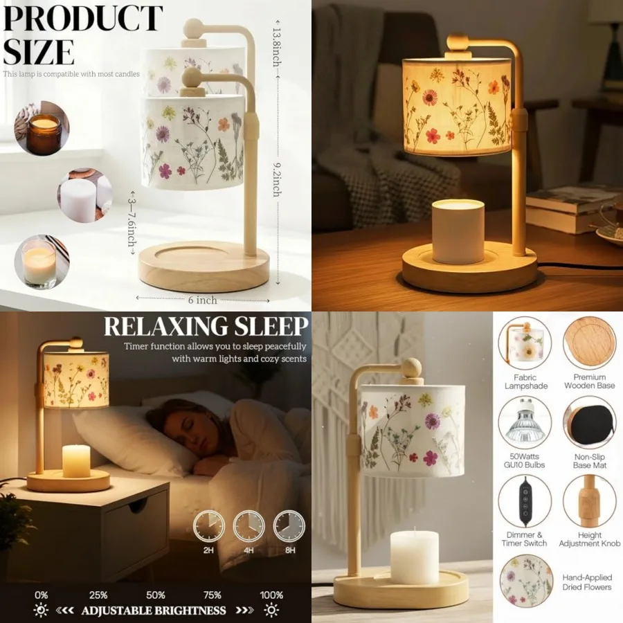 

Pressed Flower Candle Warmer Lamp with Timer Dimmable Adjustable Height Vintage Flower Candle Wax Lamp Housewarming Gifts for W