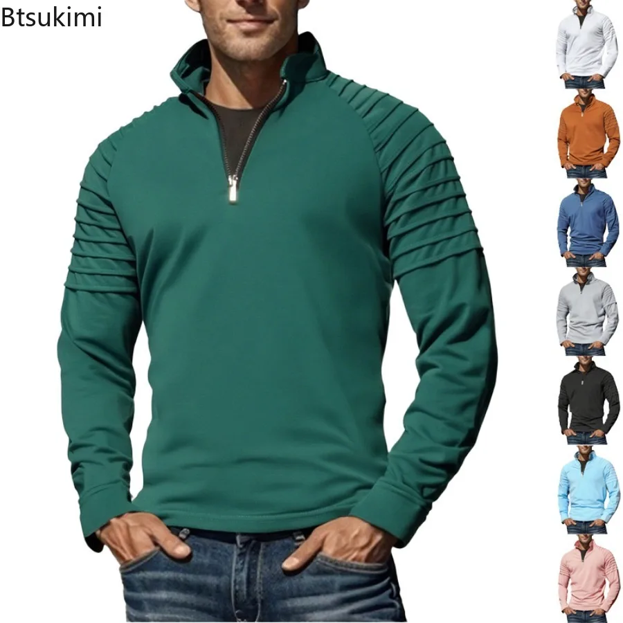 

2025 Spring Autumn Men's Long Sleeved Stand Up Collar T-shirts Fashionable Solid Half Zipper Pullover Male Casual Sweatshirts