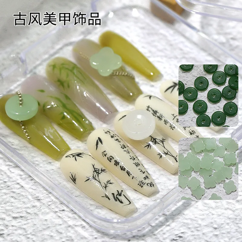 100PCS Mix Chinesische Alte Jade Weiß Grün Runde Schmetterling Ruyi Kürbis Nail art Strass Dekorationen Maniküre Glänzend Charme