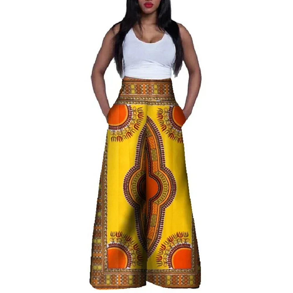 Fashion African Print High Waist Pants for Women Riche 100% Cotton Long Wide Pants Traditional African Clothing WY3367