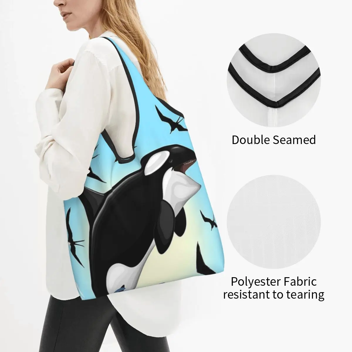 Orca Killer Whale Jumping Out The Ocean Portable Tote Shopping Bags Large Capacity Shopper Bag Grocery Handbag Shoulder Bag