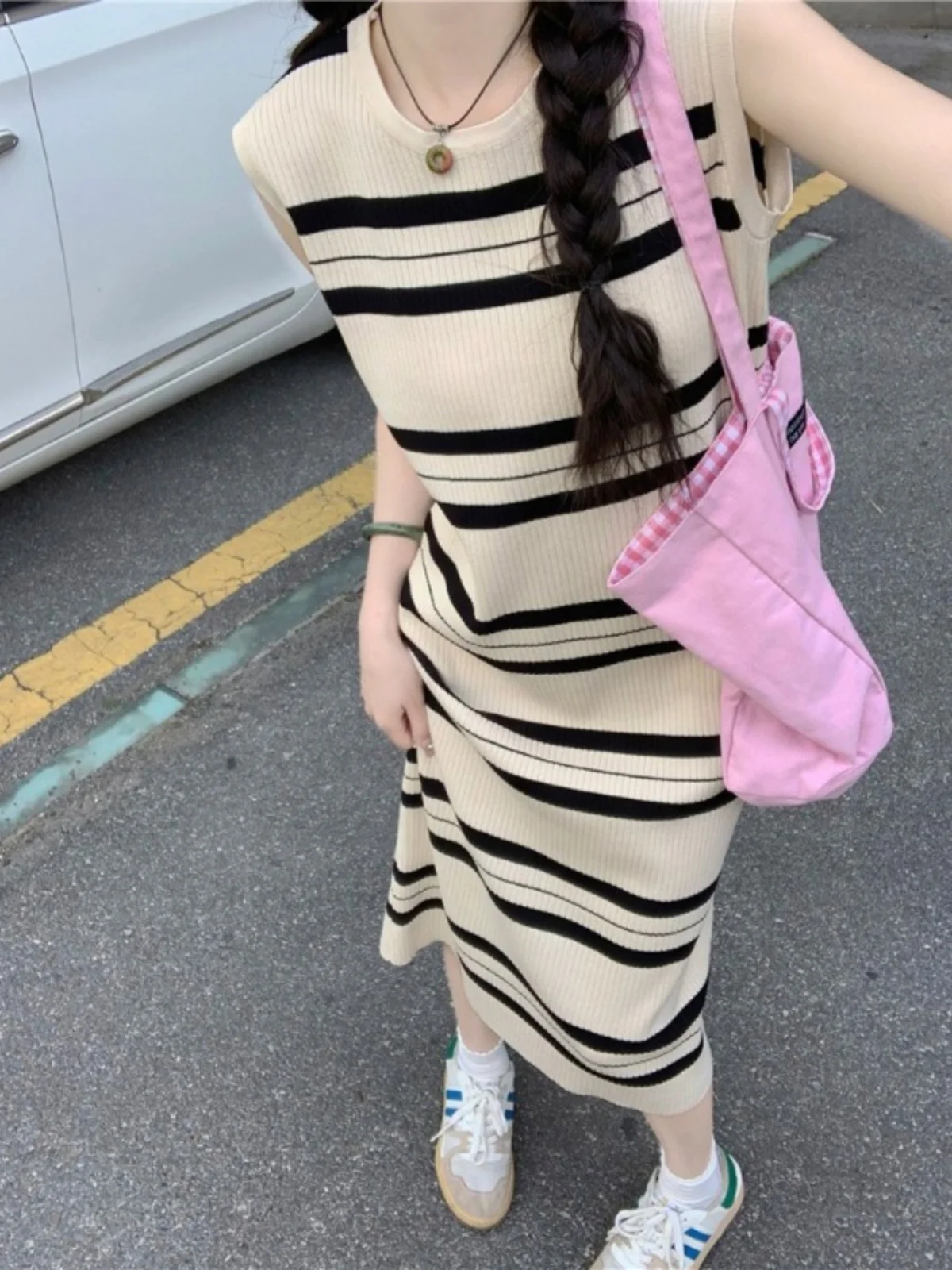 Summer Slim Fit Striped Knitted Vest Dress Women's Long Sleeveless Natural Waist Straight Tube H-Shape T-Shirt Style Dress