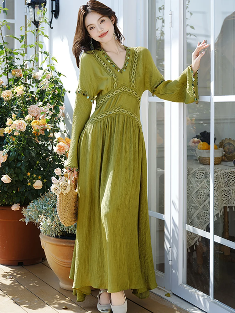 Automne hiver vert à manches longues Chic diamants col en v robe Maxi femmes élégant décontracté robe de vacances 2025 coréen luxe robe de bal