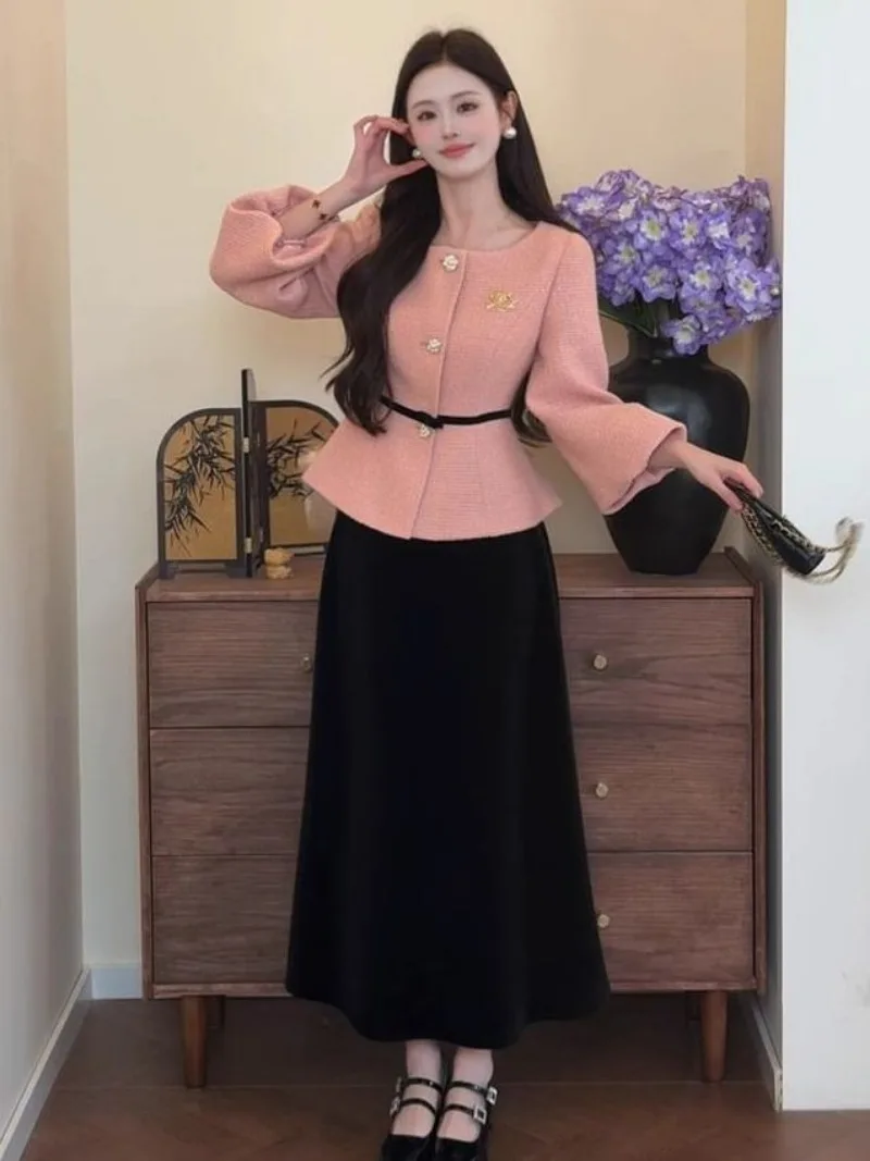 New High Quality French Elegant Party Two Piece Set Women O-neck Lantern Sleeve Jacket + Midi Skirt Small Fragrant Fashion Suit