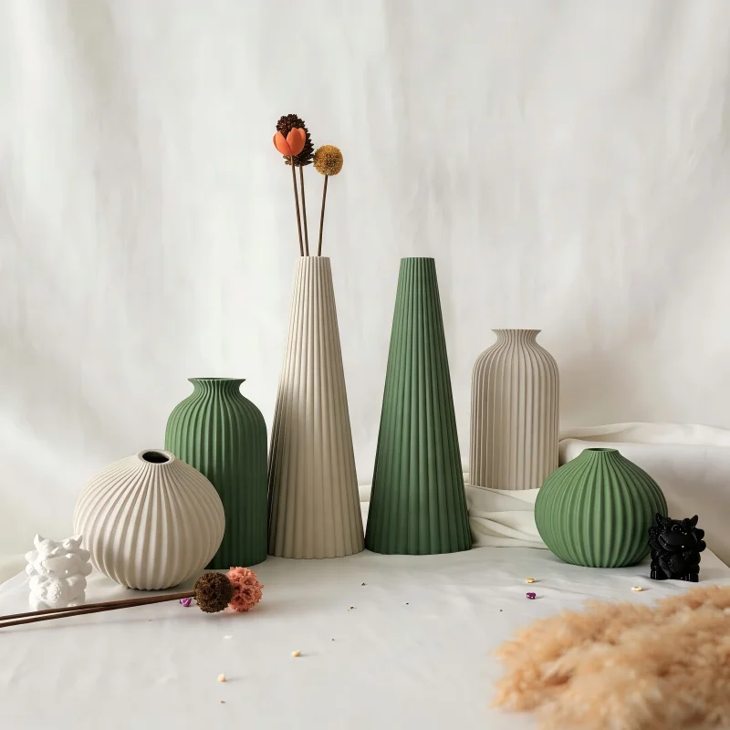 3In1 Grooved Vase Minimalist Green Decor 3D Printing PLA Boho Farmhouse Vases for Cabinet Shelf Retro Indoor Home Decoration Acc