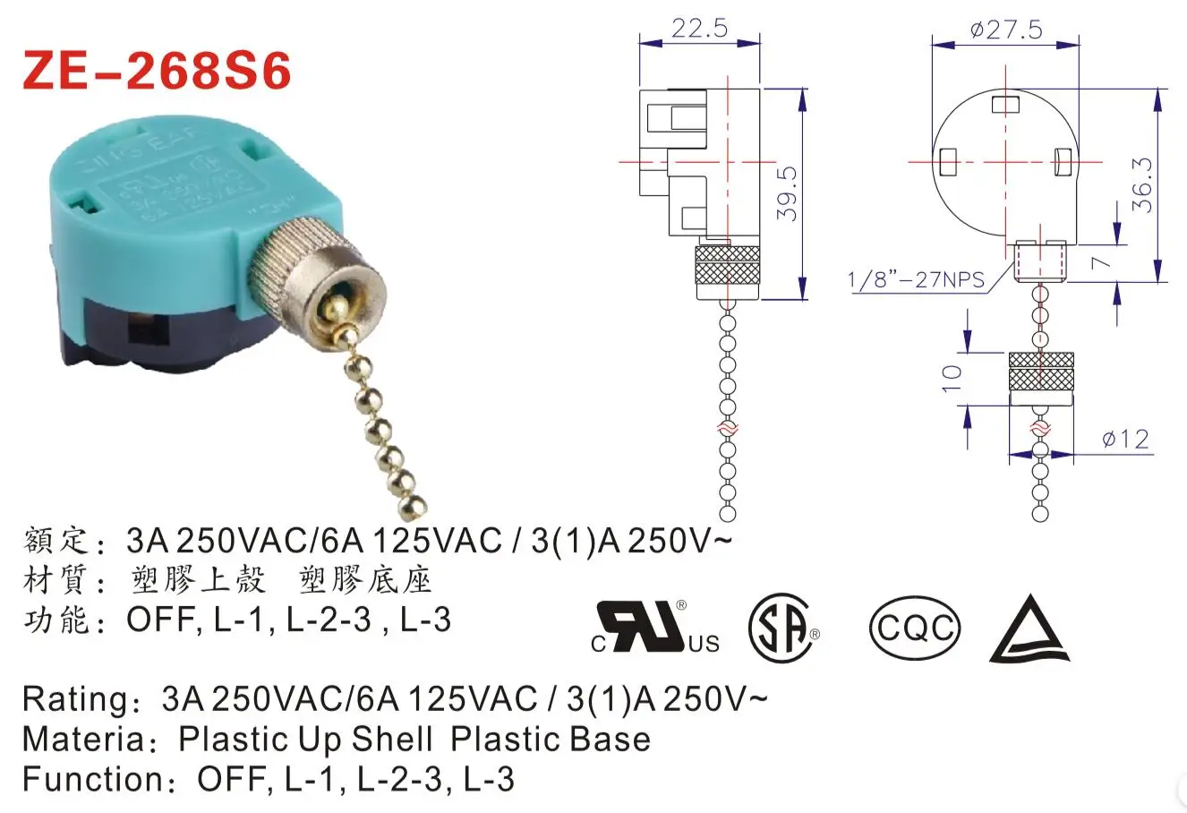 Ceiling Fan Switch 3 Speed 4 Wire Zing Ear ZE-268S6 Fan Pull Chain Switch Replacement Speed Control Switch