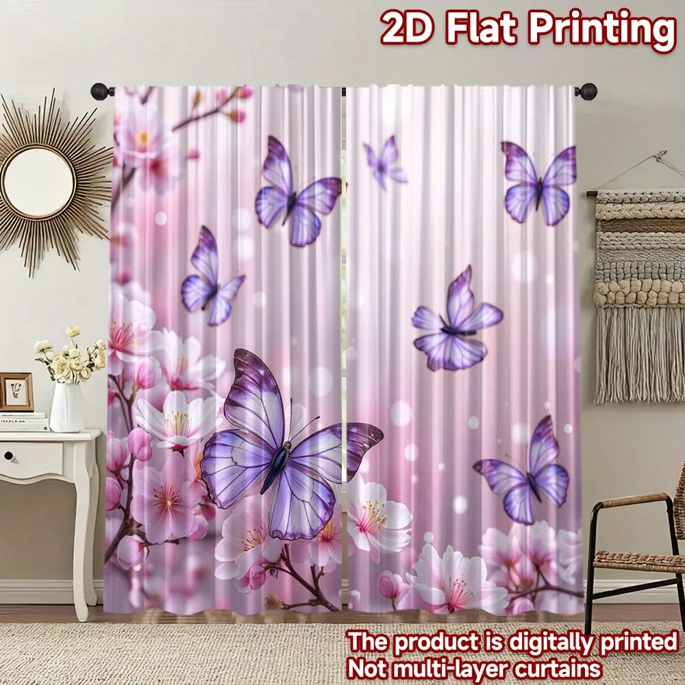 Pastel Floral Butterfly Curtain 2 Panels, Purple Wing Insect Peach Blossom Pattern Light Pink Base For Homestay Living  Curtain