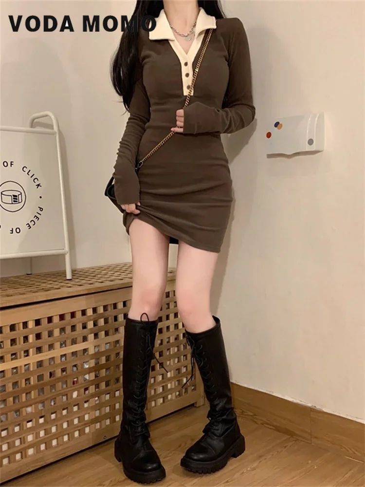 Harajuku Lente Herfst Vintage Gebreide T-shirt Jurk Vrouwen Elegante Leisure Koreaanse Stijl Polo Kraag Bodycon Wrap Korte Jurken