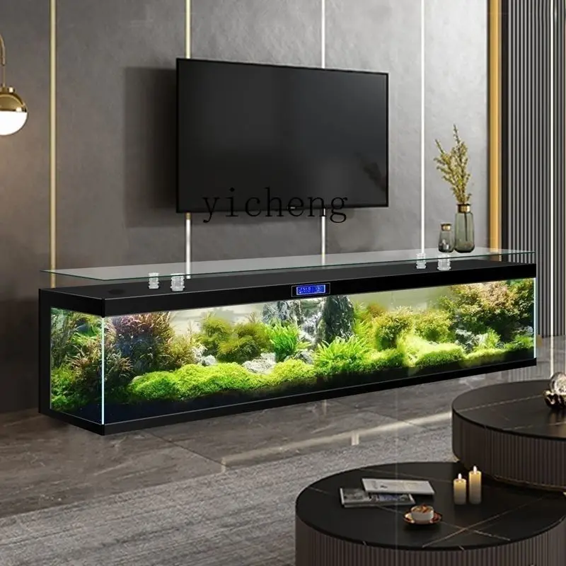 

TWR square TV cabinet fish tank, large floor-to-ceiling aquarium against the wall in the living room